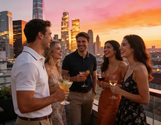 Rooftop-Event bei Sonnenuntergang