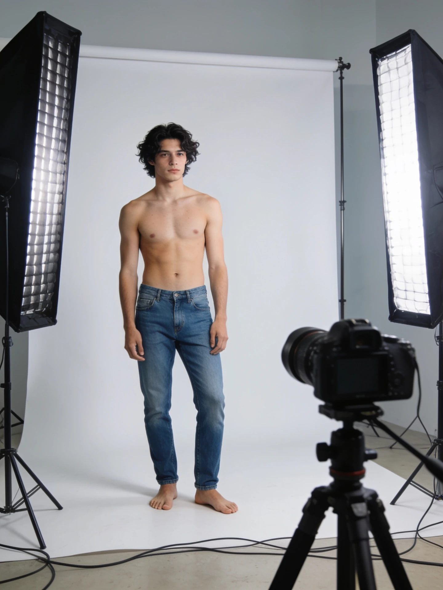 Male creator in underwear in a photo studio